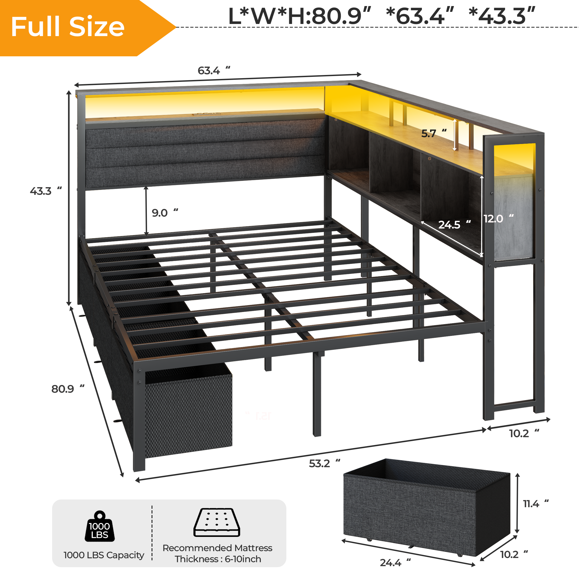 Furnulem Full Size Bed Frame with Headboard and Storage Drawers Full Metal Platform Corner Bed Frame with Charging Station and LED Lights Gray
