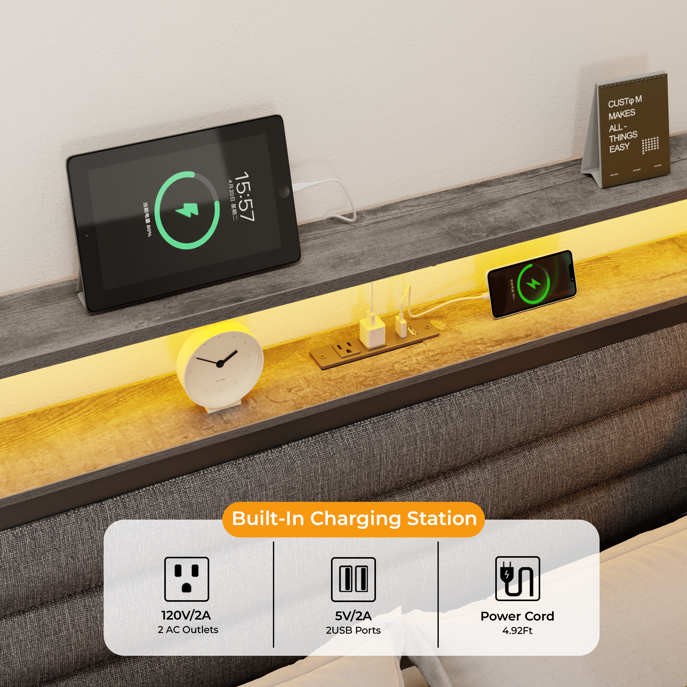 Gray Full Bed Frame with LED Lights Charging Station Storage Bookcase 3 Drawers Upholstered Headboard Corner Daybed No Box Spring Support