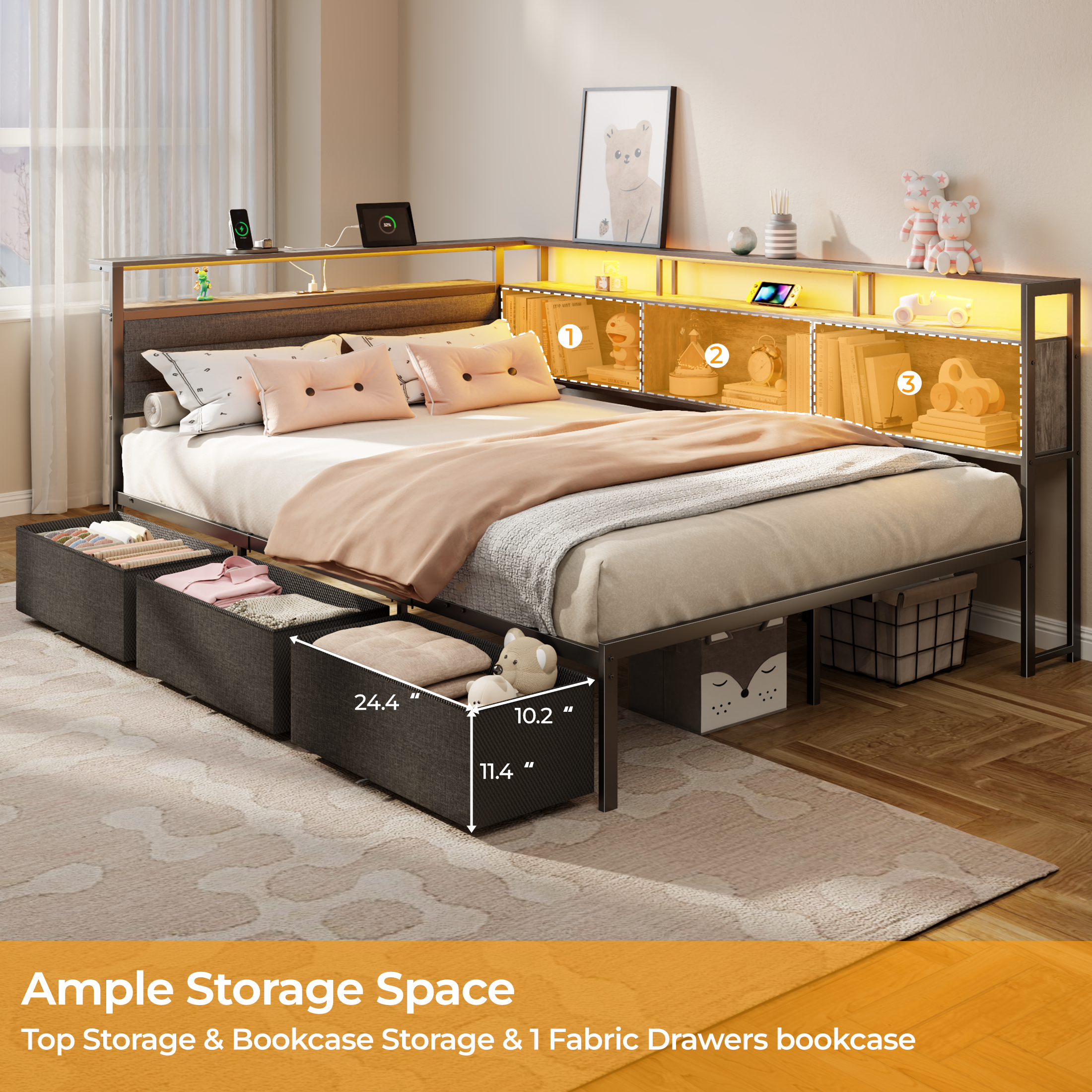 Gray Full Bed Frame with LED Lights Charging Station Storage Bookcase 3 Drawers Upholstered Headboard Corner Daybed No Box Spring Support