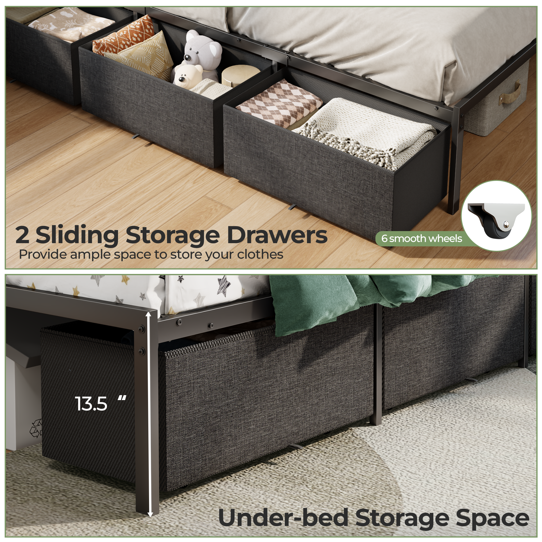 Furnulem Full Size Bed Frame with Headboard and Storage Drawers Full Metal Platform Corner Bed Frame with Charging Station and LED Lights Gray