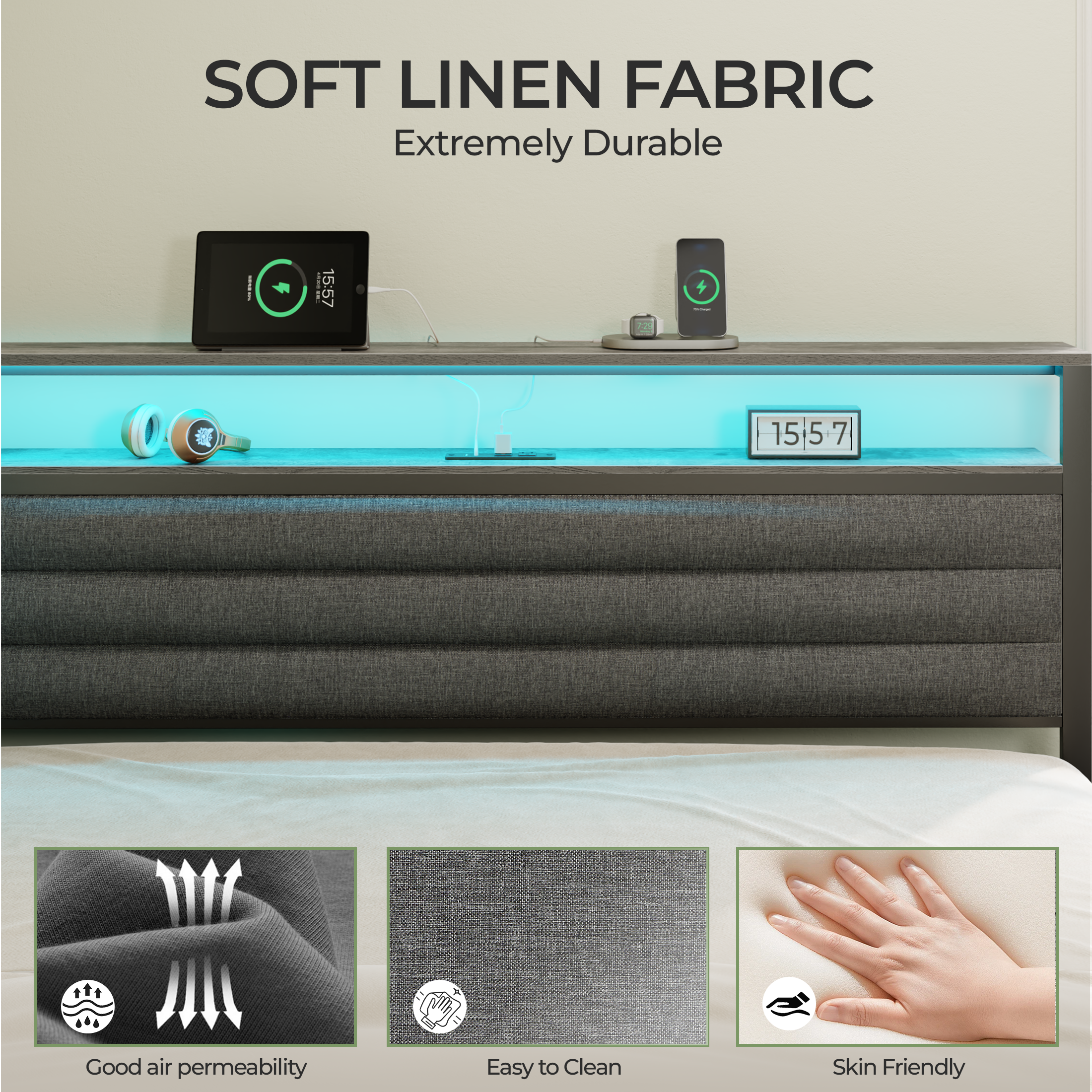 Furnulem Full Size Bed Frame with Headboard and Storage Drawers Full Metal Platform Corner Bed Frame with Charging Station and LED Lights Gray