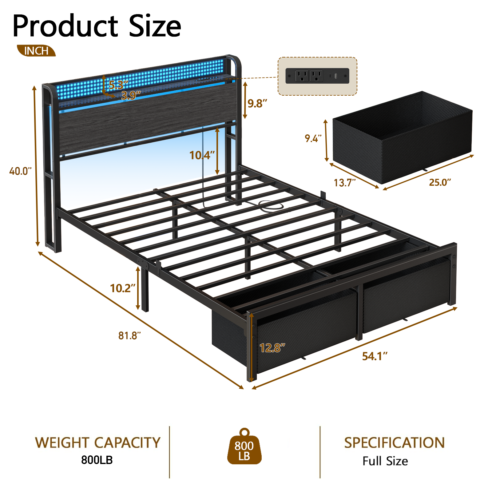 Full Size Platform Bed Frame 2 Storage Drawers Headboard LED Lights Charging Station Heavy Duty Metal Wood No Box Spring Needed Guest Bedroom USB