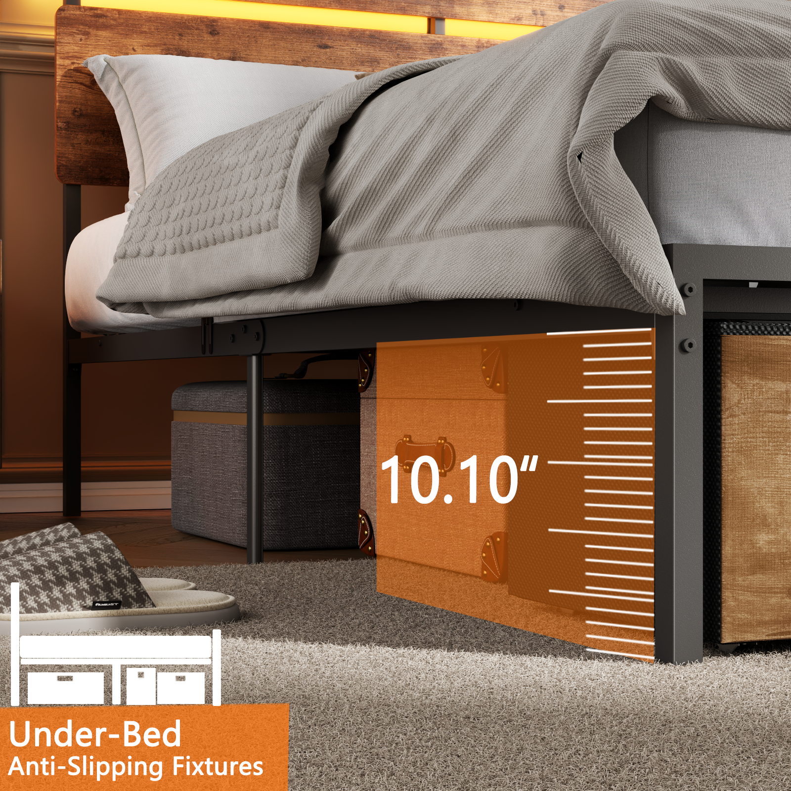 Full Size Bed Frame with Wood Headboard Metal Platform Bed with 2 Storage Drawers Shelf Built in Charging Station LED Lights No Box Spring Needed