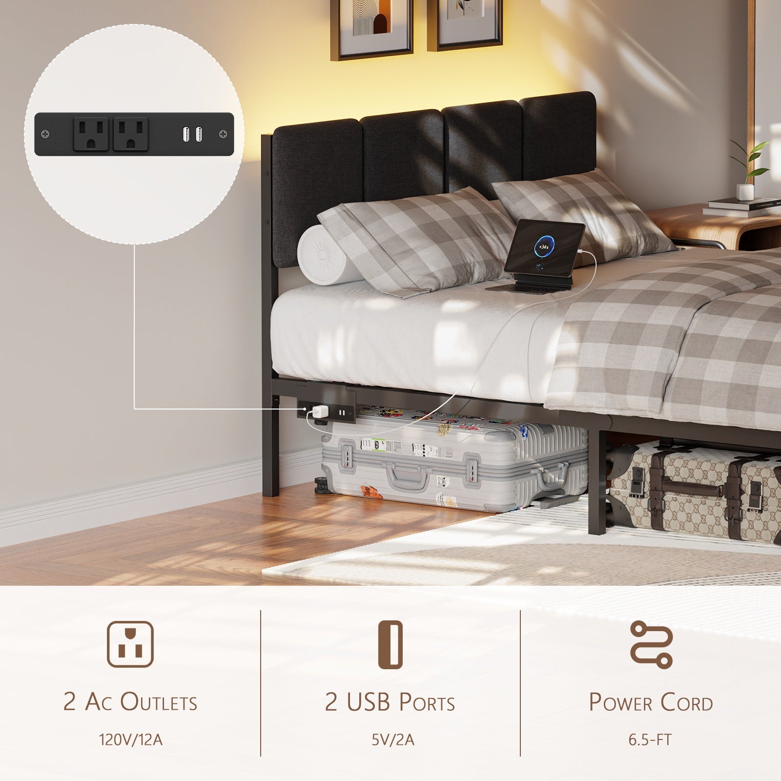 Furnulem Full Size Bed Frame with Headboard,Upholstered Bed Full with LED Light