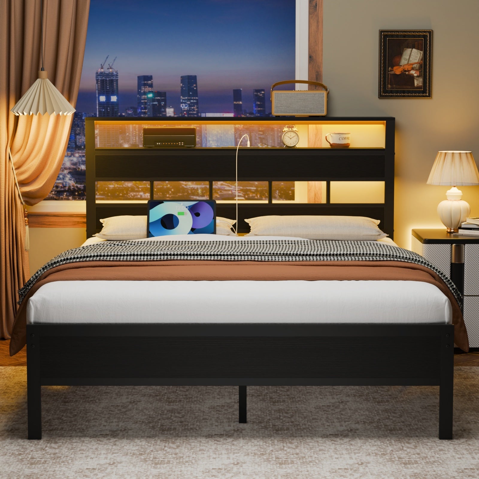 Furnulem Full Queen Bed Frame with Modern Wood Headboard & Footboard, Upgraded Heavy Duty Metal Sturdy Bed Frame Queen Size, Stable Platform Bed Furniture Bed Storage, No Noise, No Box Springs