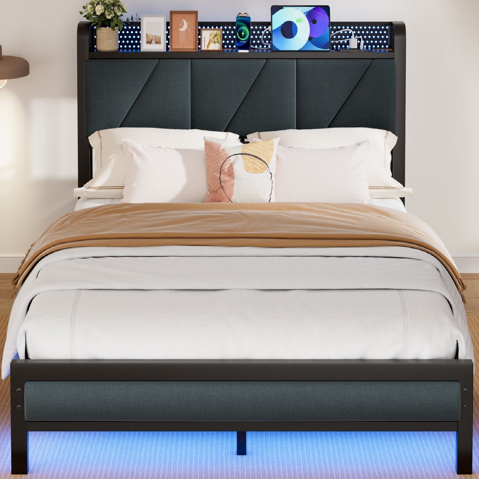 Furnulem Bed Frame with LED Lights,Headboard with Charging Station and USB Port,Upholstered Platform Bedframe Metal Support,No Box Spring Needed