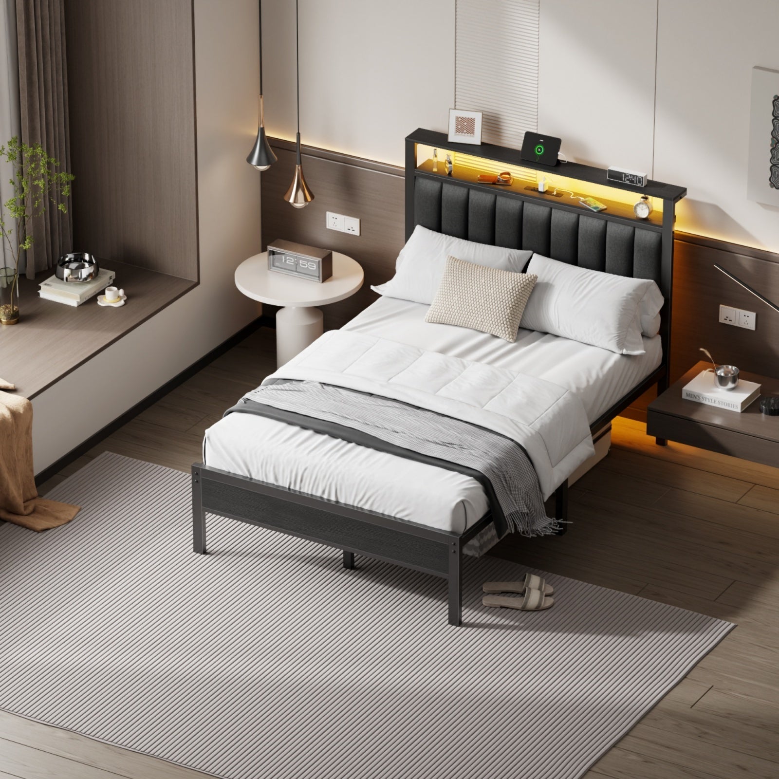 Furnulem Full and Queen Size Bed Frame with Charging Station and LED Lights, Platform Bed with Metal Slats, Grey Upholstered Headboard with 2-Tier Storage Shelves, No Box Spring Needed