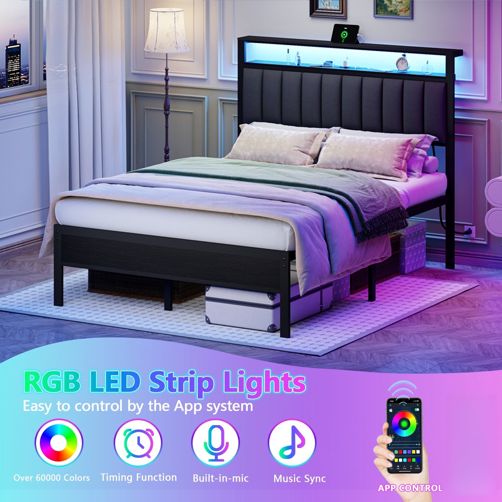 Furnulem Full and Queen Size Bed Frame with Charging Station and LED Lights, Platform Bed with Metal Slats, Grey Upholstered Headboard with 2-Tier Storage Shelves, No Box Spring Needed