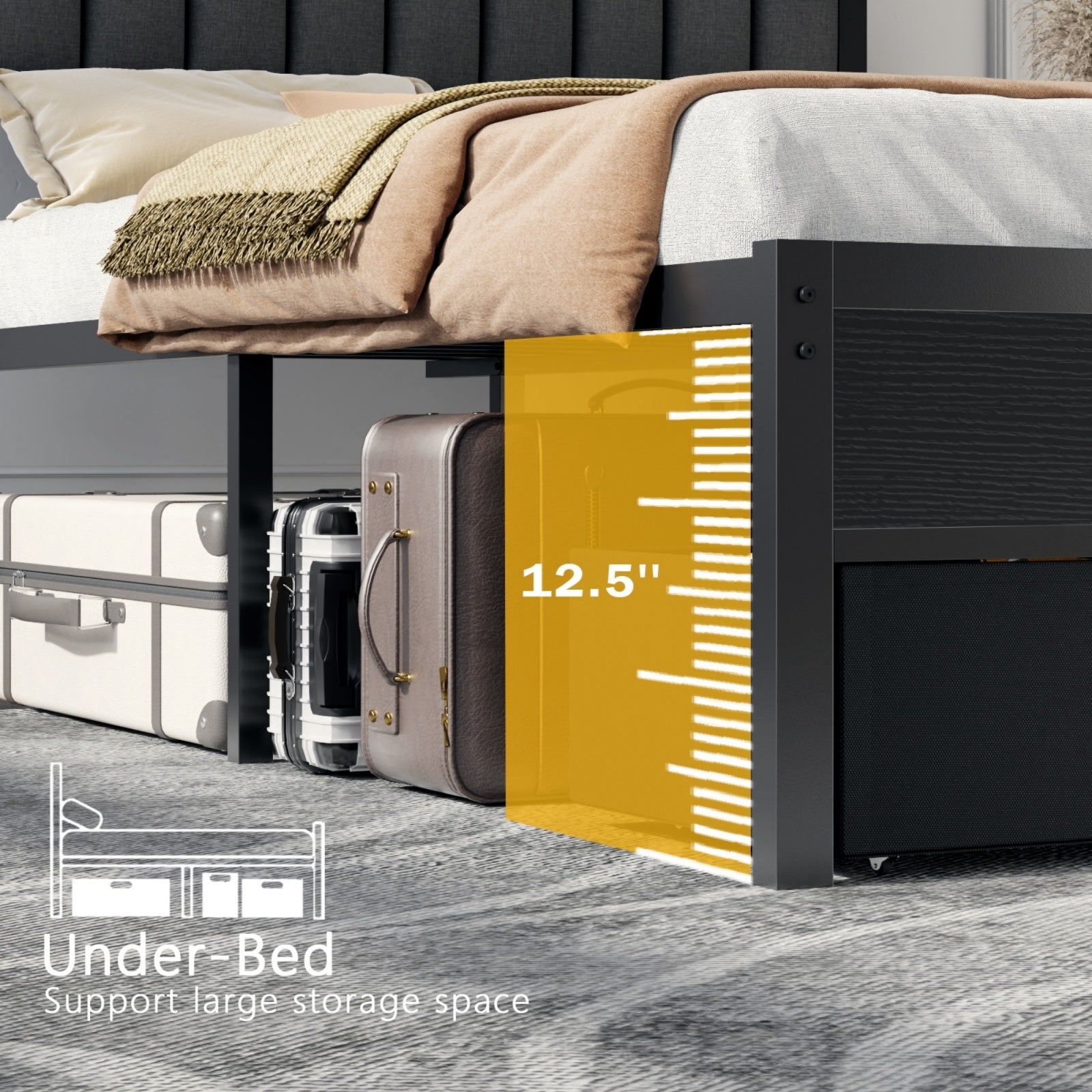 Furnulem Full and Queen Size Bed Frame with Charging Station and LED Lights, Platform Bed with Metal Slats, Grey Upholstered Headboard with 2-Tier Storage Shelves, No Box Spring Needed