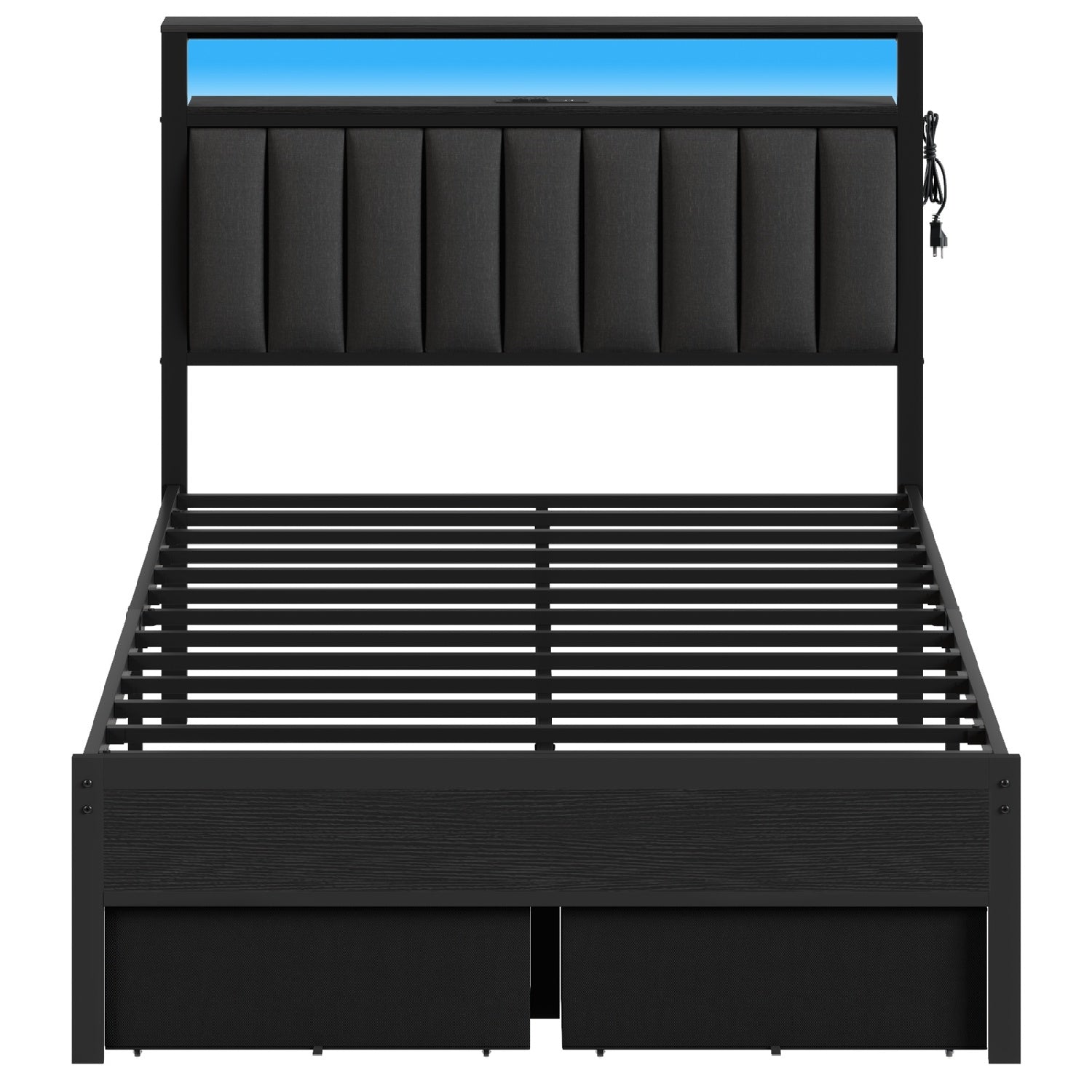 Furnulem Bed Frame with LED Lights, Charging Station & Storage