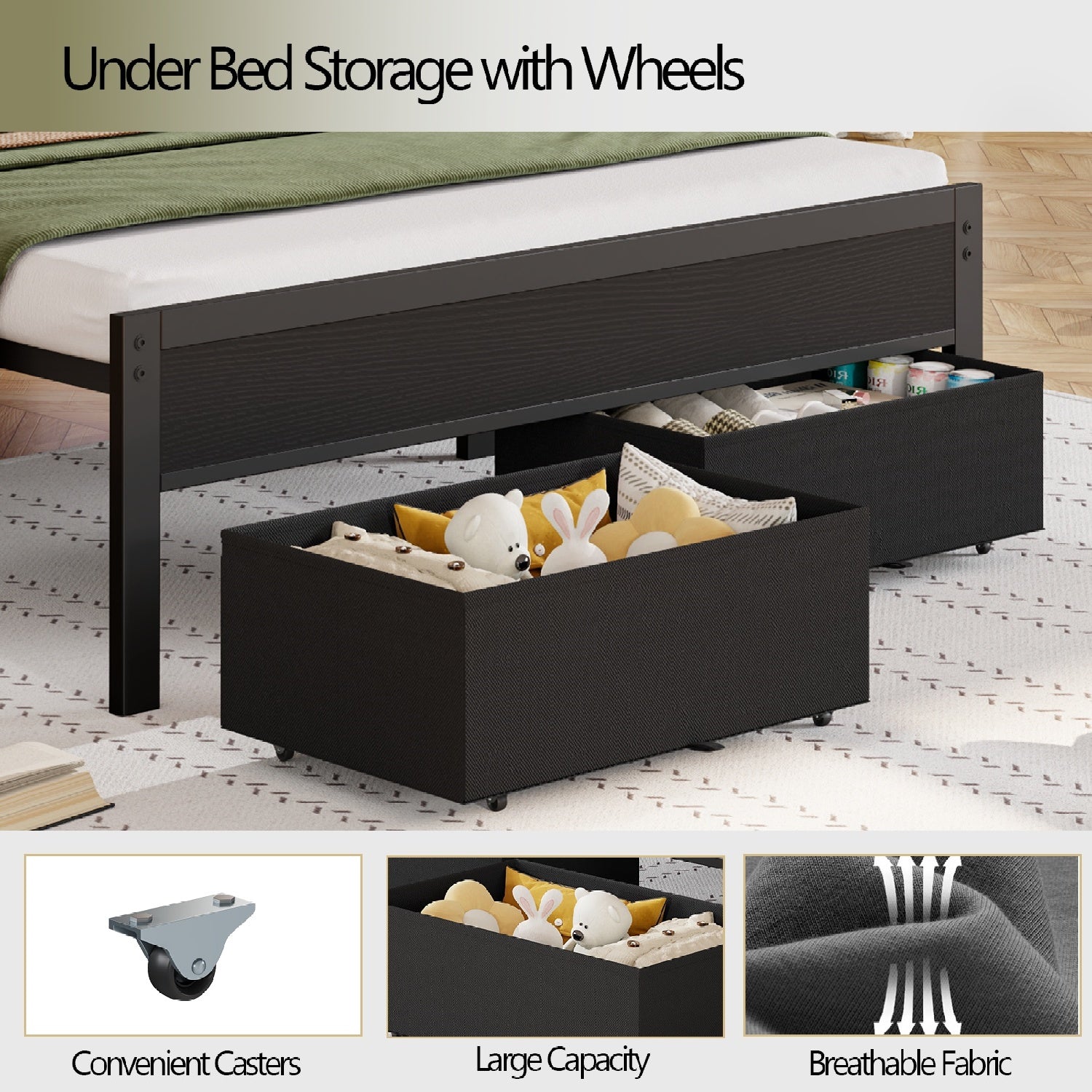 Furnulem Bed Frame with LED Lights, Charging Station & Storage