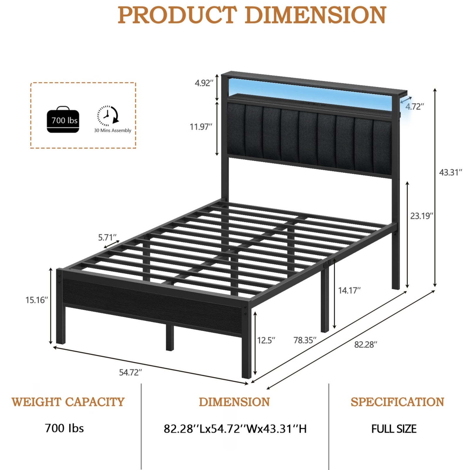 Furnulem Bed Frame with Charging Station, LED Lights & Storage Shelves – Metal Slats, No Box Spring