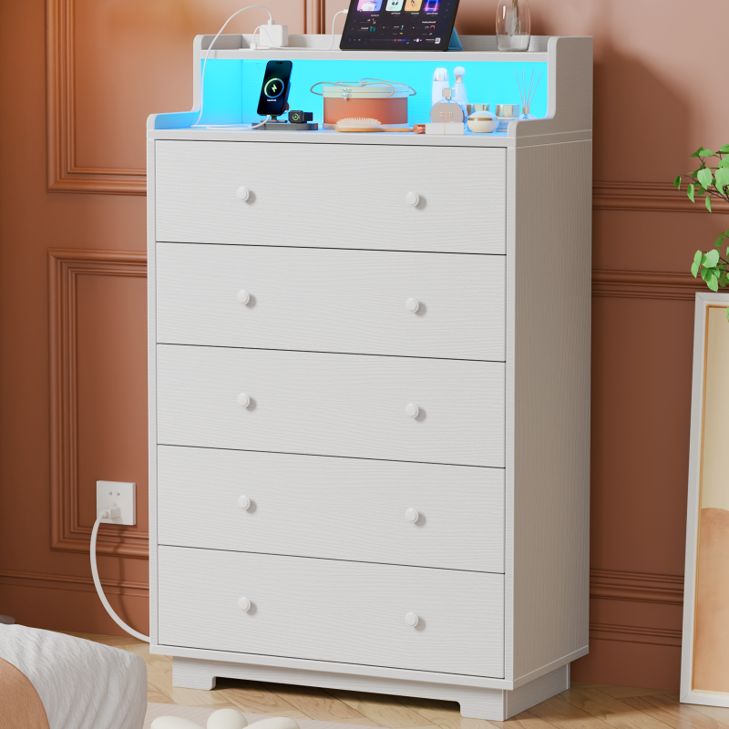 Furnulem 5 Drawer Chest with LED & Charging Station