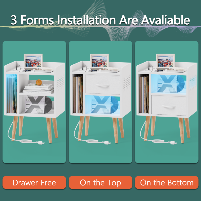 Furnulem Night Stand with Charger Station & LED Light