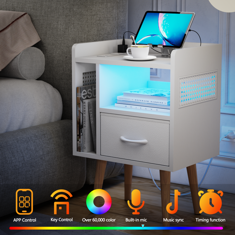 Furnulem Night Stand with Charger Station & LED Light