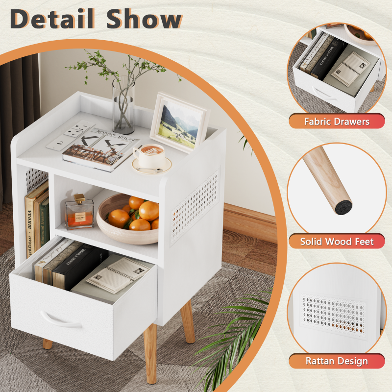 Furnulem Night Stand with Charger Station & LED Light