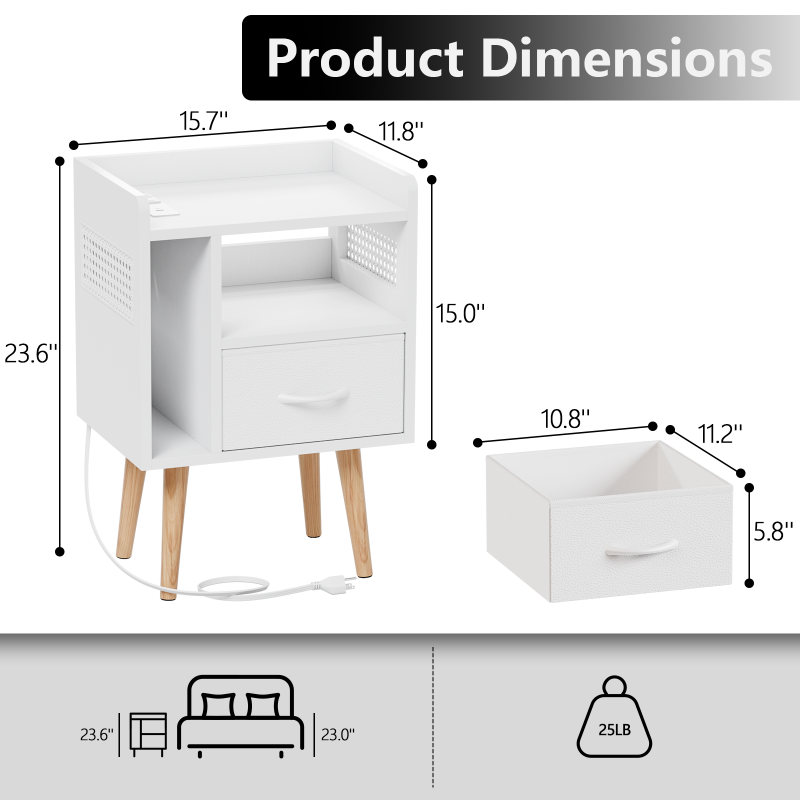 Furnulem Night Stand with Charger Station & LED Light