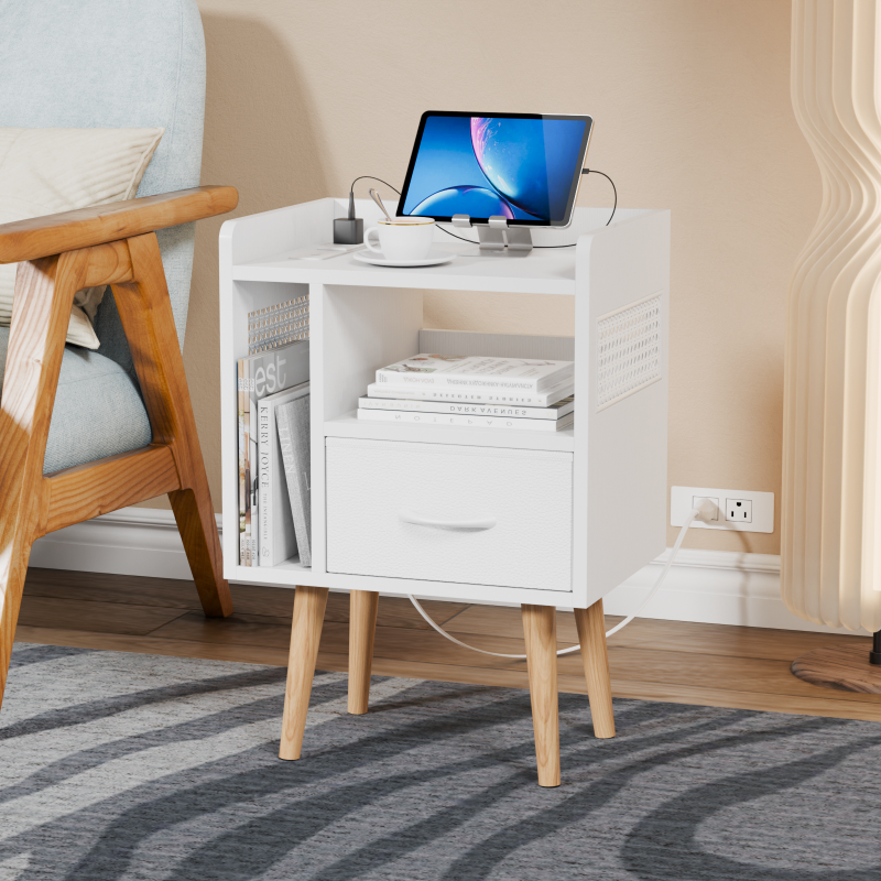 Furnulem Night Stand with Charger Station & LED Light