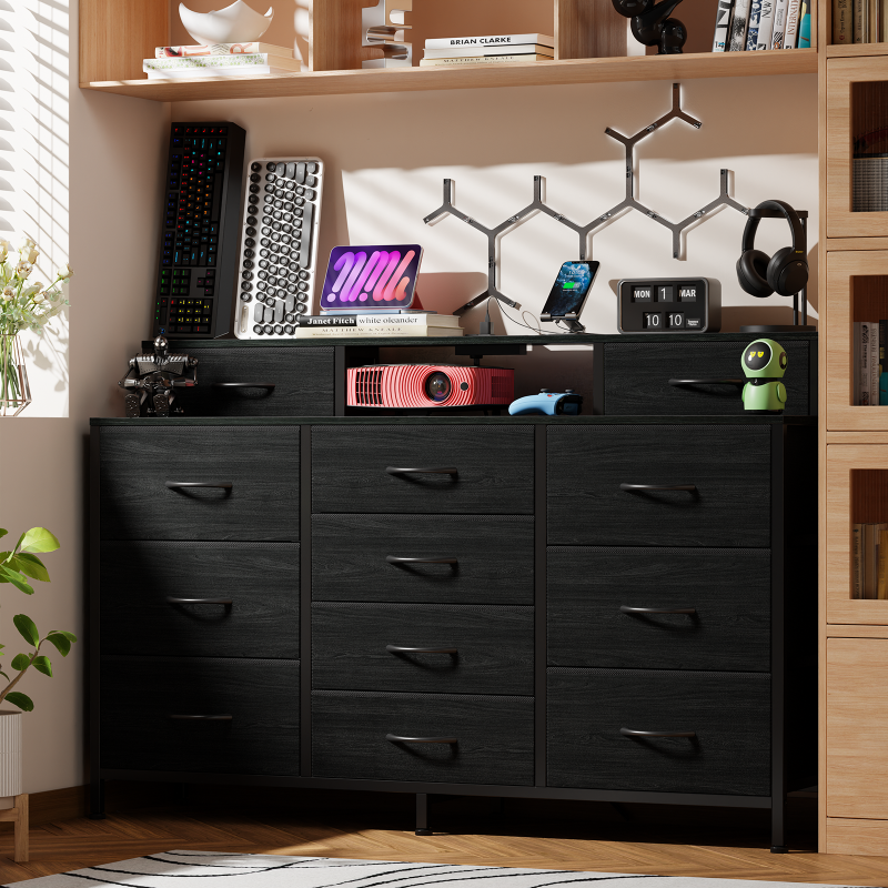 Furnulem TV Stand with Charging Station & 12 Drawers