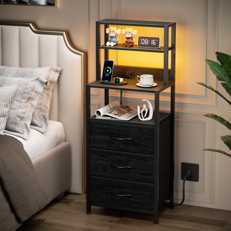 Furnulem LED Nightstand with 4-Tier Shelves and Charging Station