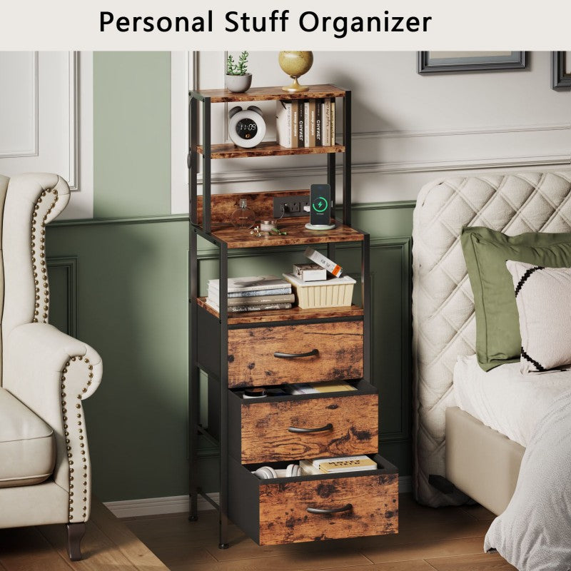 Furnulem LED Nightstand with 4-Tier Shelves and Charging Station