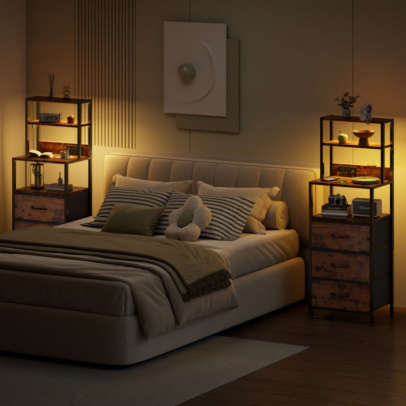 Furnulem LED Nightstand with 4-Tier Shelves and Charging Station