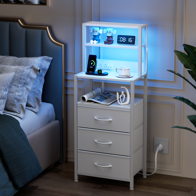 Furnulem LED Nightstand with 4-Tier Shelves and Charging Station
