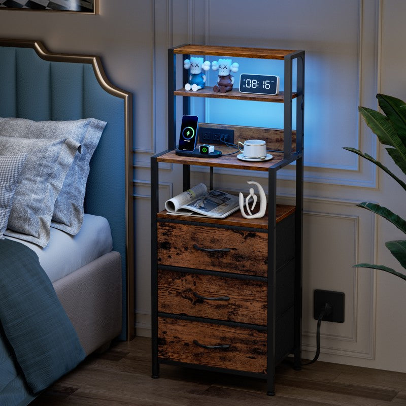 Furnulem LED Nightstand with 4-Tier Shelves and Charging Station