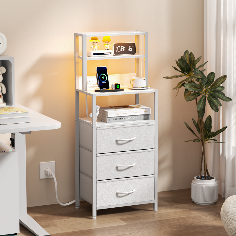 Furnulem LED Nightstand with 4-Tier Shelves and Charging Station