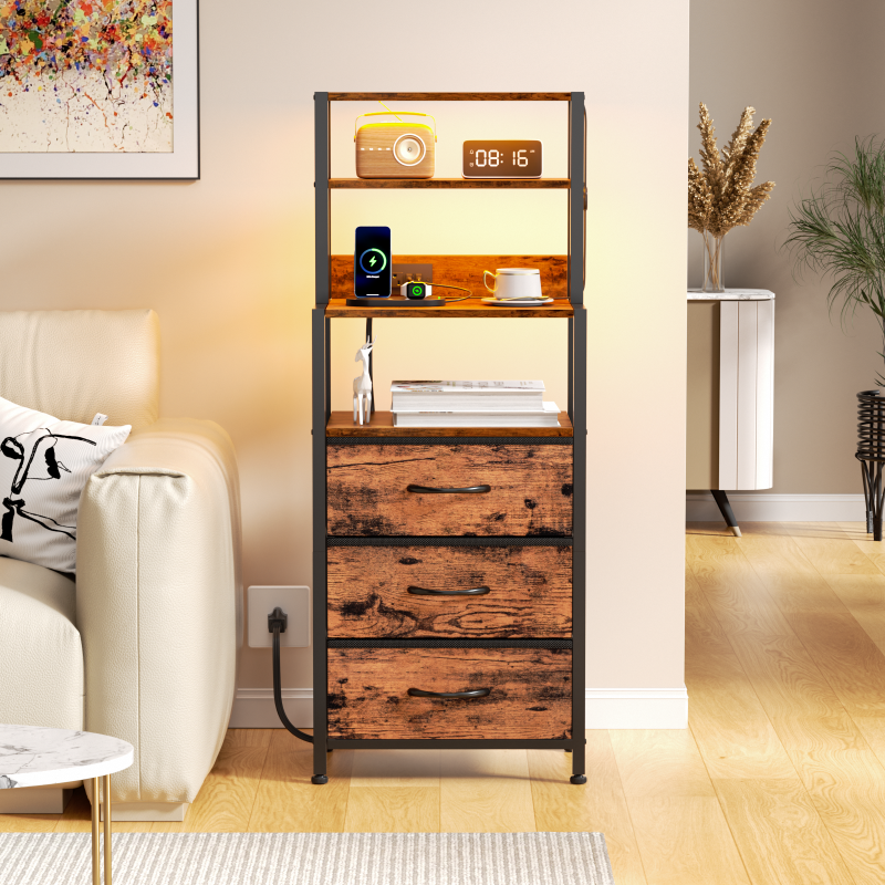 Furnulem LED Nightstand with 4-Tier Shelves and Charging Station