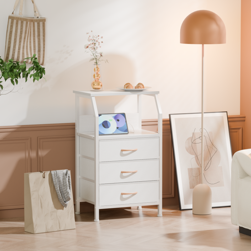 Furnulem Nightstand with Charging Station and Multi Fabric Drawers