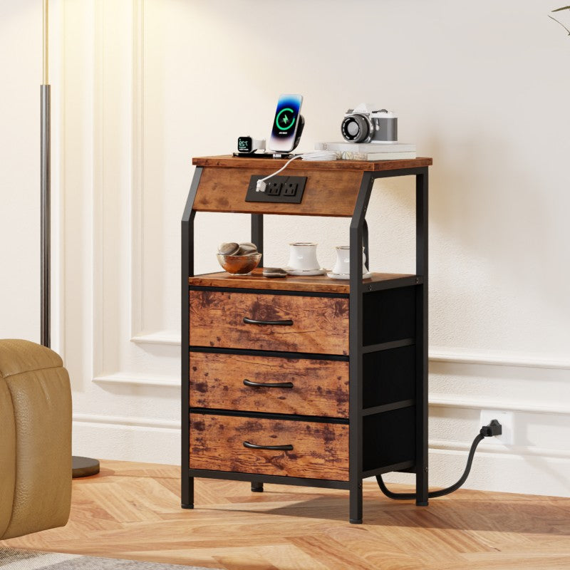 Furnulem Nightstand with Charging Station and Multi Fabric Drawers