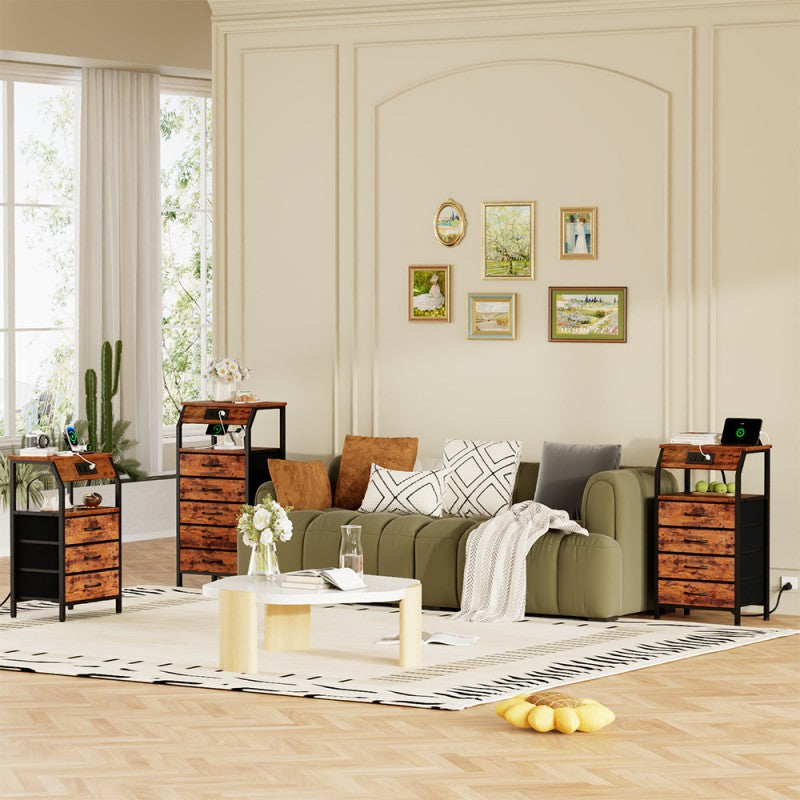 Furnulem Nightstand with Charging Station and Multi Fabric Drawers
