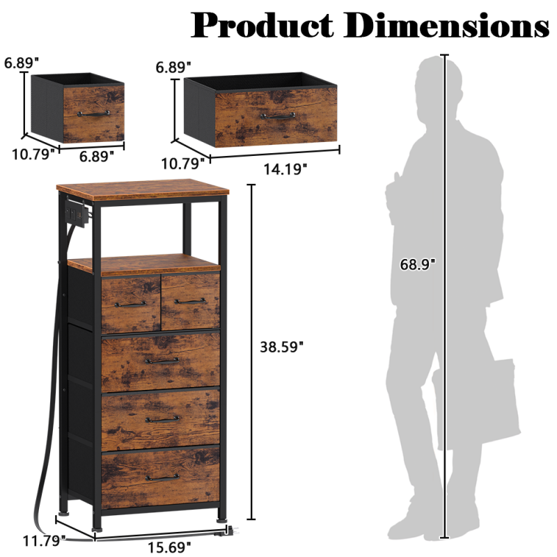 Furnulem Tall LED Dresser with Charging Station and Multi-Drawers