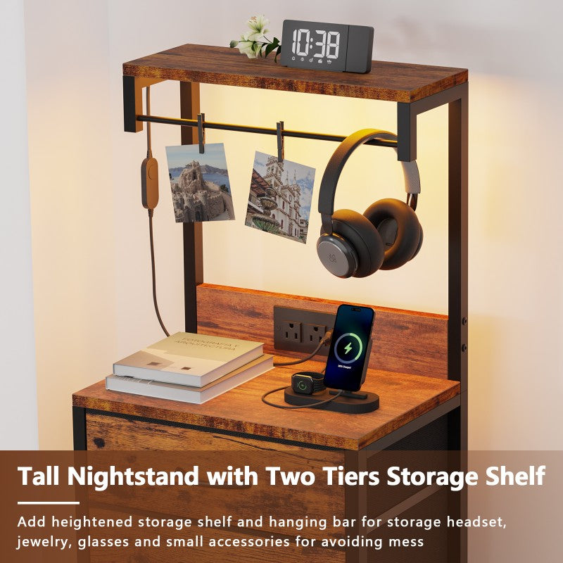 Furnulem Tall LED Nightstand with Charger Station