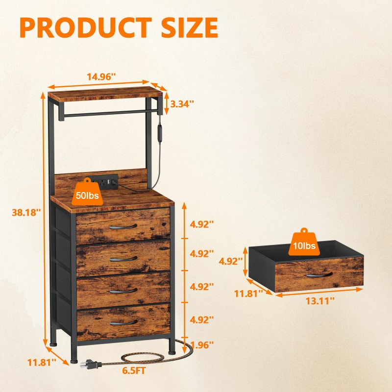 Furnulem Tall LED Nightstand with Charger Station