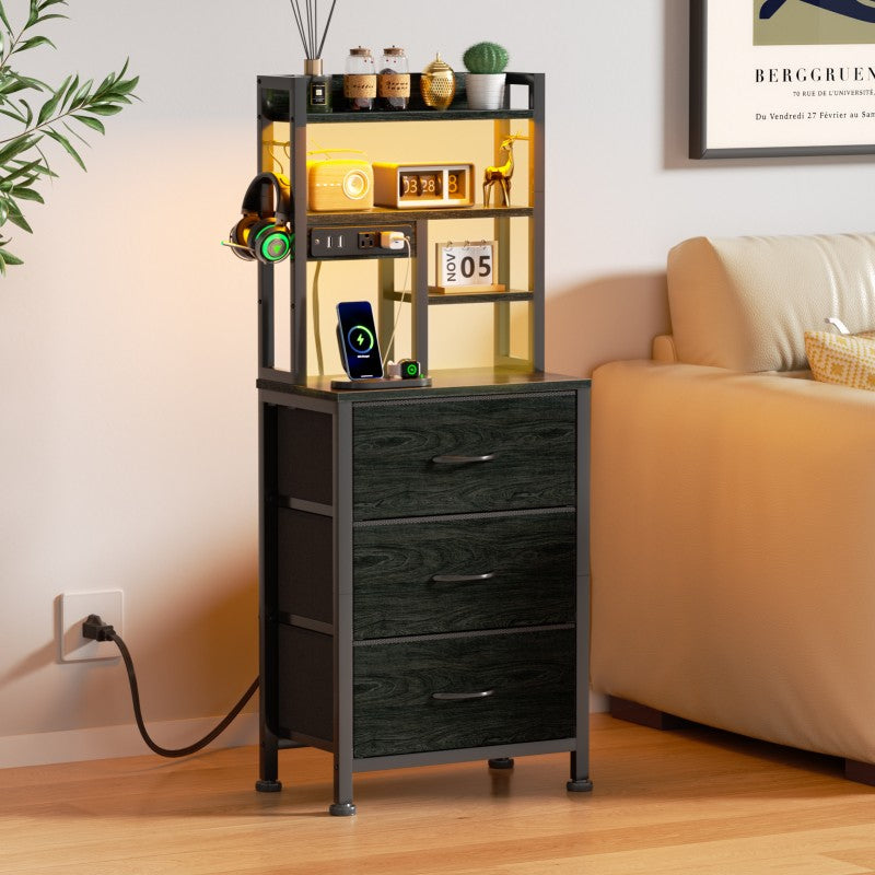 Furnulem Tall Nightstand with 3 Fabric Drawers & Bookshelf