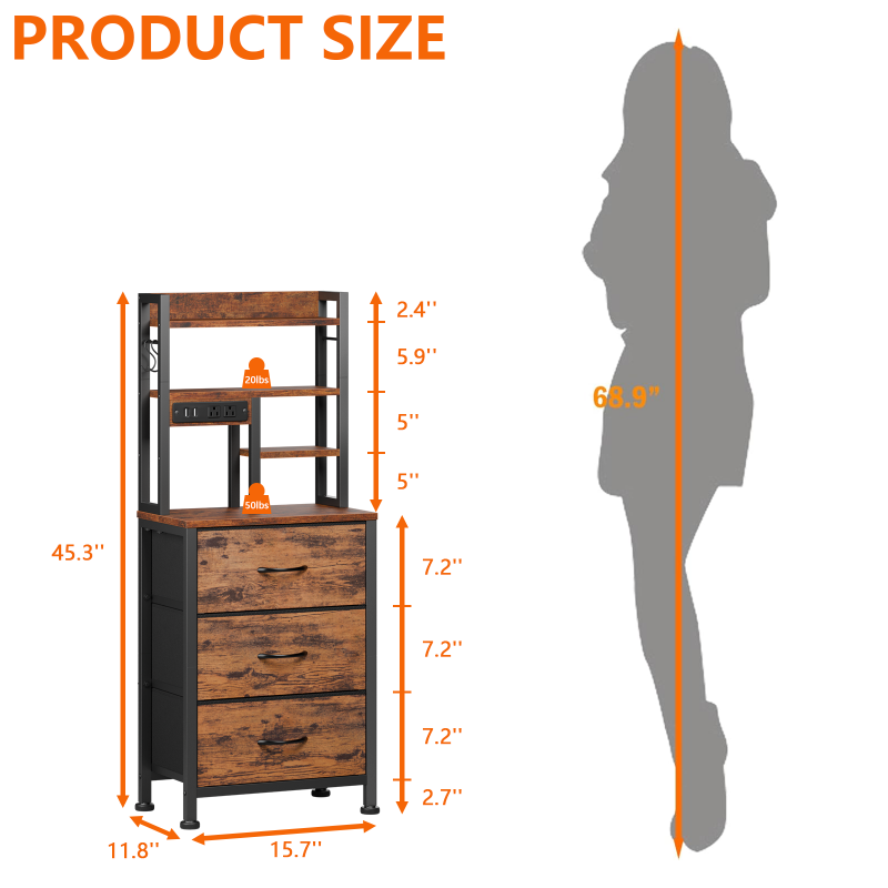 Furnulem Tall Nightstand with 3 Fabric Drawers & Bookshelf