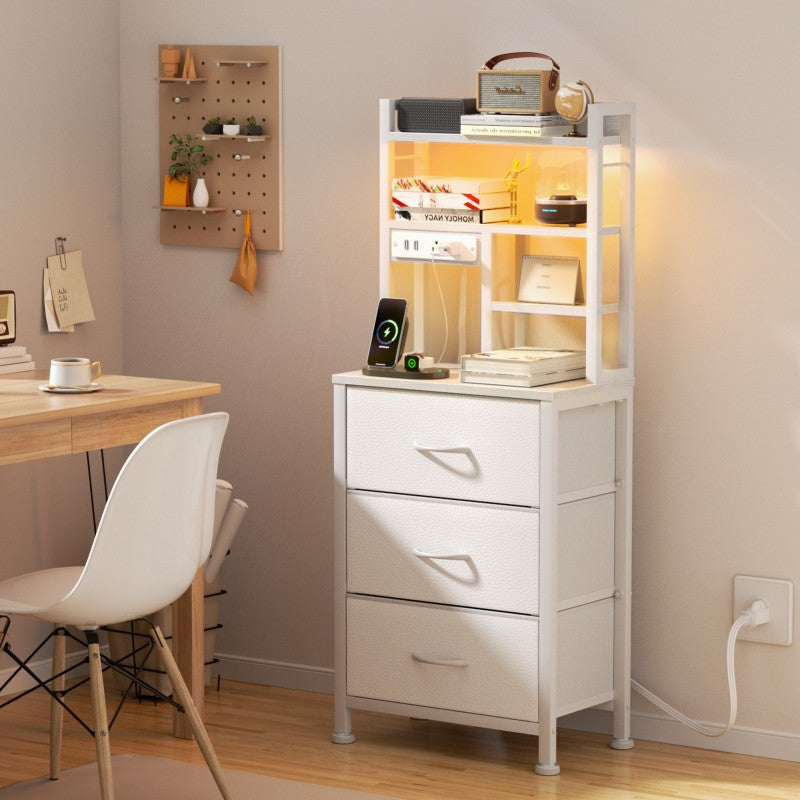 Furnulem Tall Nightstand with 3 Fabric Drawers & Bookshelf