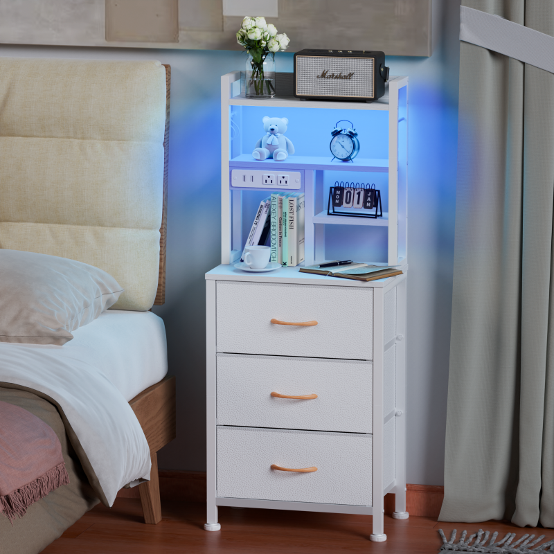 Furnulem Tall Nightstand with 3 Fabric Drawers & Bookshelf