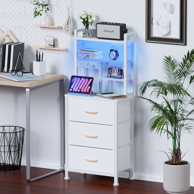 Furnulem Tall Nightstand with 3 Fabric Drawers & Bookshelf