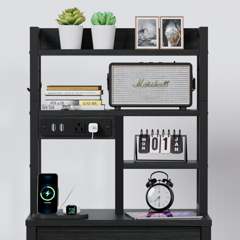 Furnulem Tall Nightstand with 3 Fabric Drawers & Bookshelf