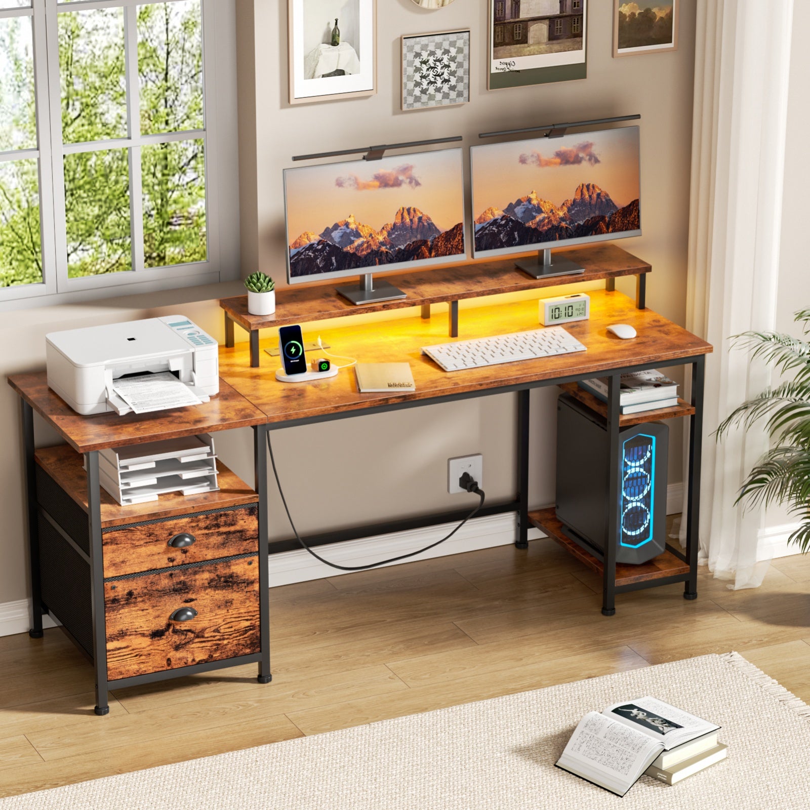 Furnulem 61 Inch Gaming Desk with USB Charging Ports & LED Light, Reversible Computer Desk with Storage Shelves & Monitor Stand, and Fabric Drawers