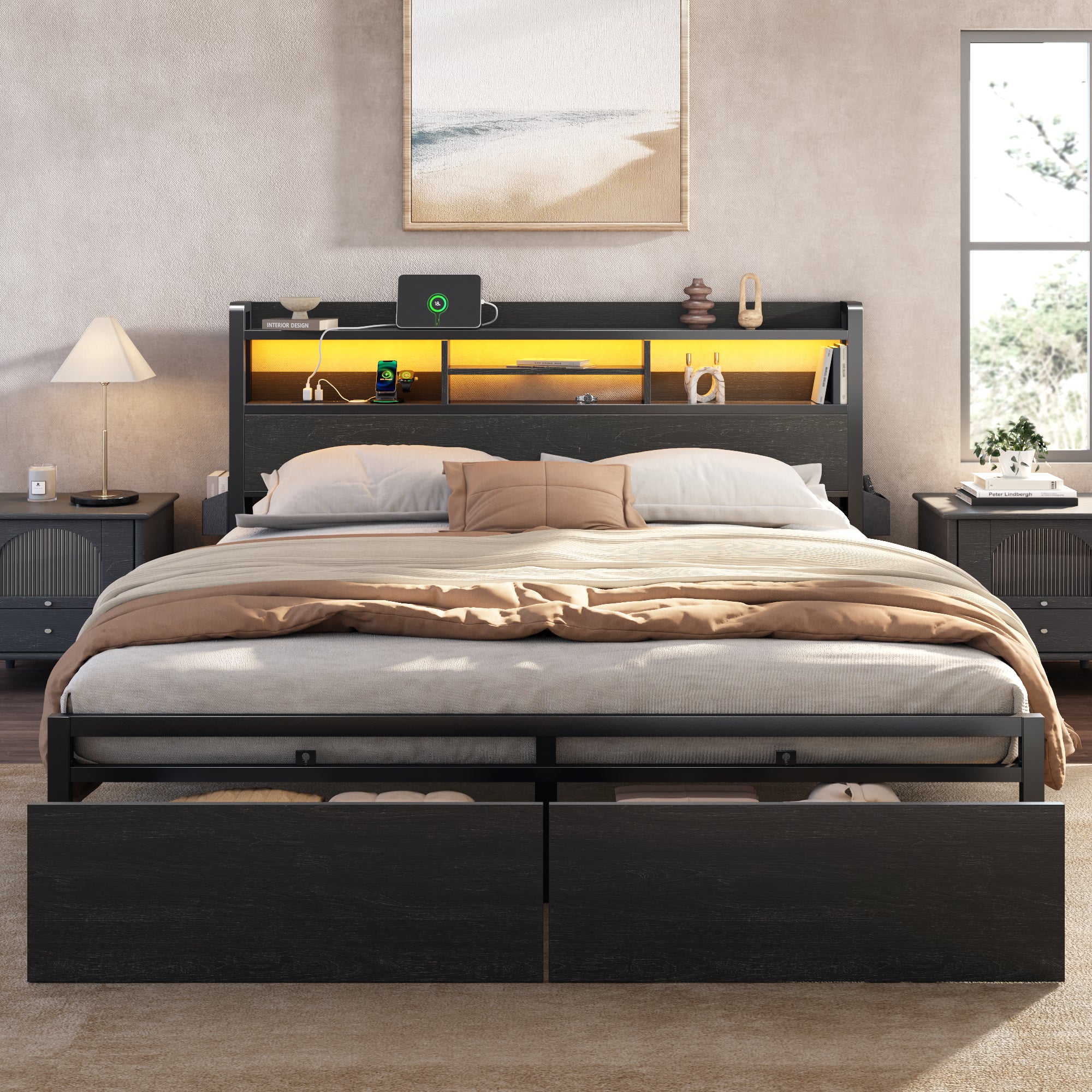 Furnulem LED Bed Frame with Wood Headboard and 2 Drawers