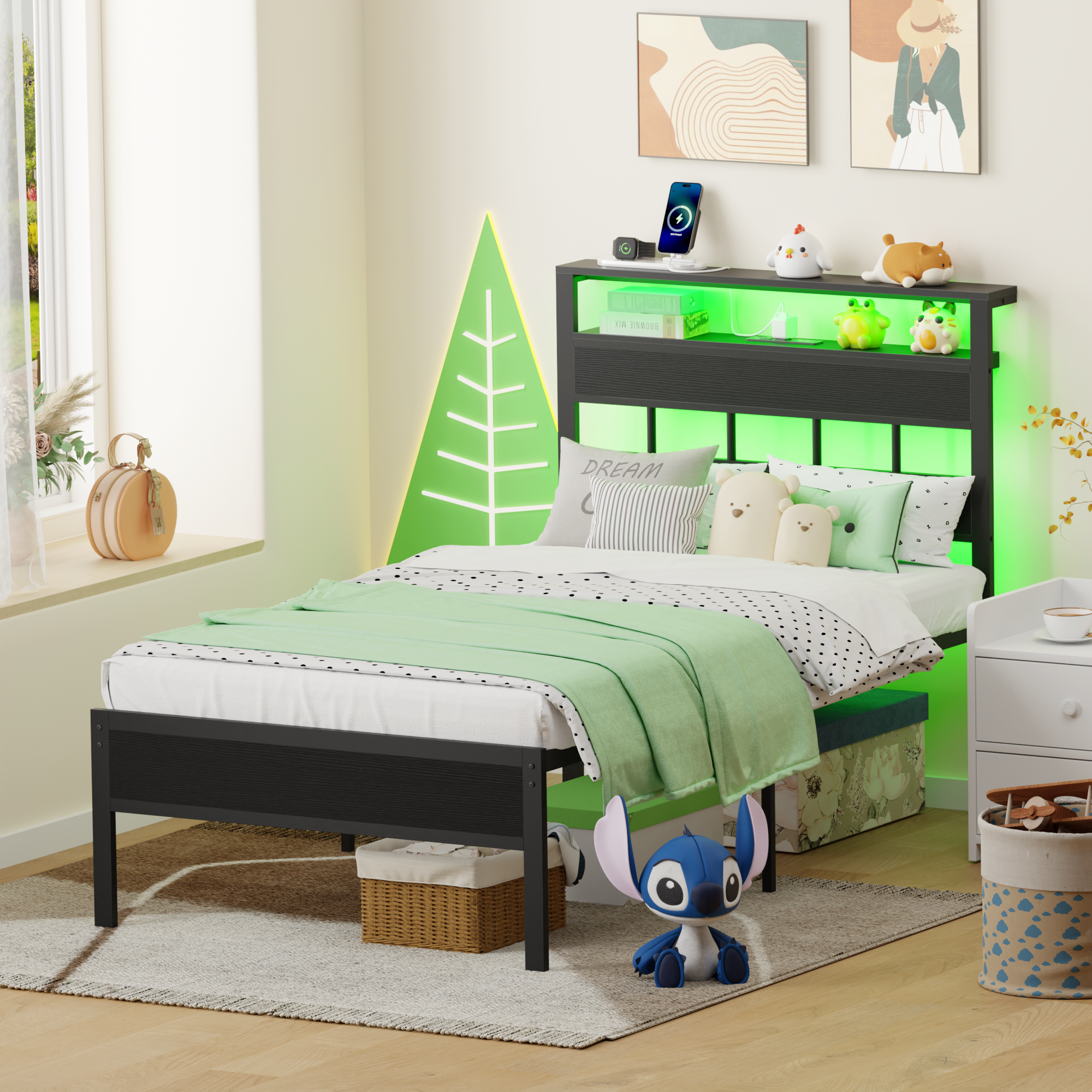 Bed Frames with Headboard & LED Lighted,Standard Storage Bed Platforrm with Storage Underbed, No Box Spring Needed