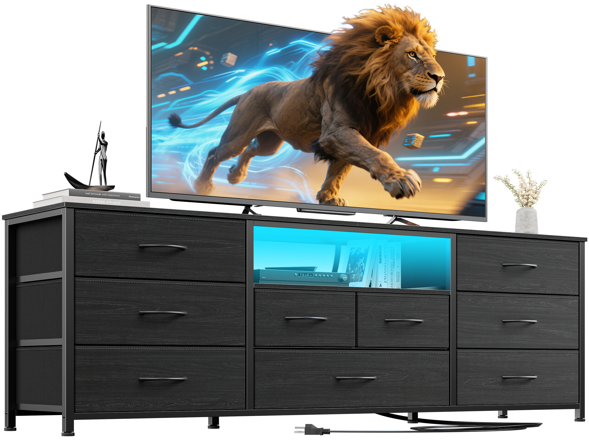 Furnulem 9 Drawer Dresser 55” Long TV Stand for Bedroom Entertainment Center with Power Outlet LED Light for 55"-65" TV Dresser with Fabric Storage