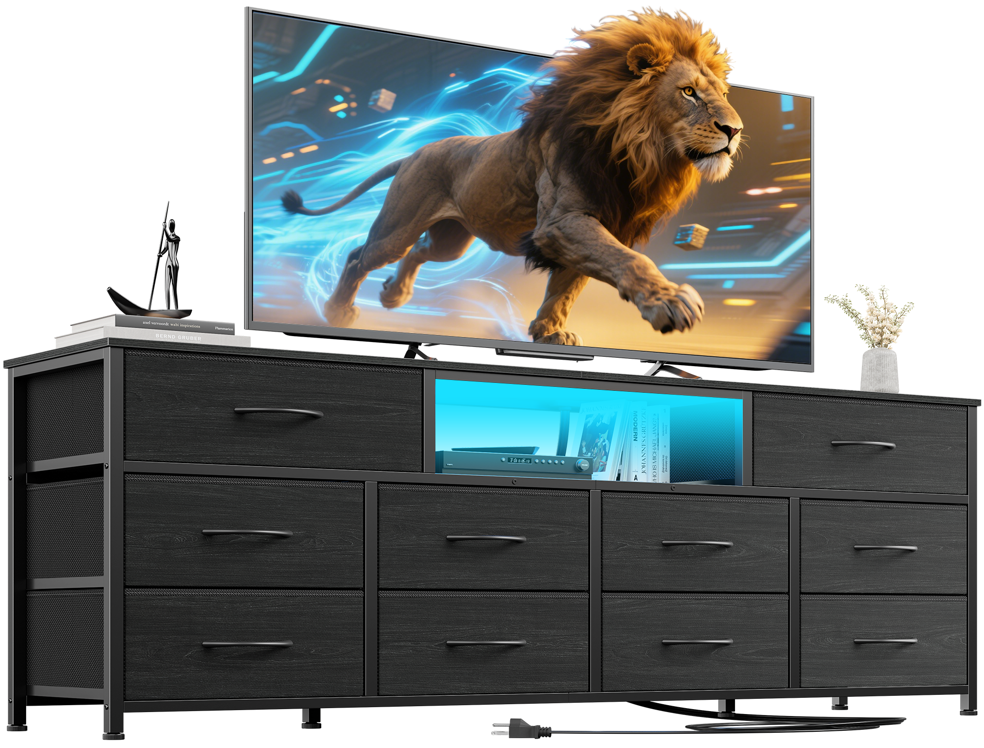Furnulem 55” Long Dresser for Bedroom TV Stand for 55 to 65 inch TV Black Dresser with 10 Fabric Drawers Chest Center with Power Outlet LED Light
