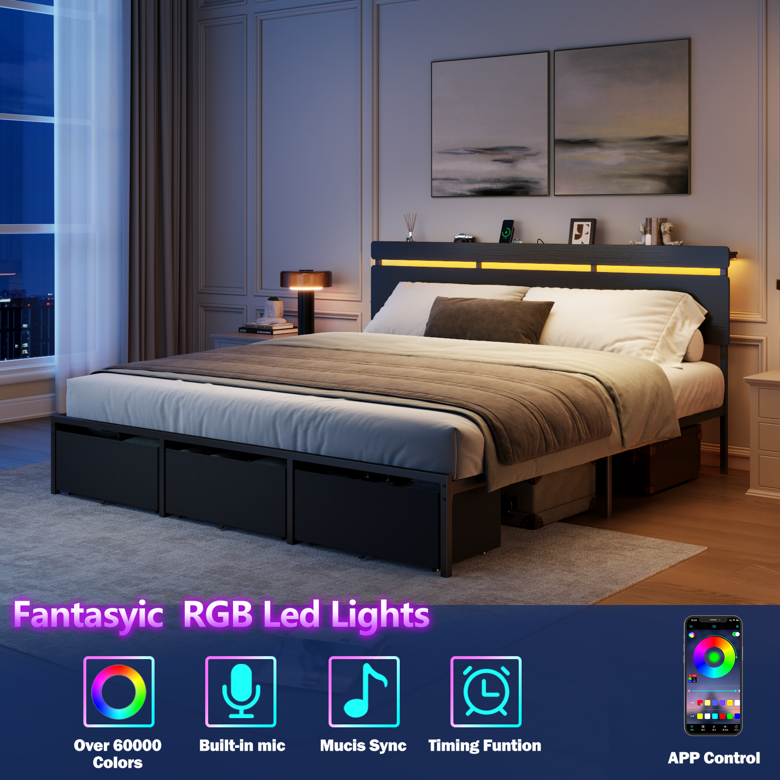 Qwatto King Size Platform Bed Frame 3 Storage Drawers LED Lights Charging Station Black Wood Headboard Shelf Heavy Duty Metal No Box Spring Needed