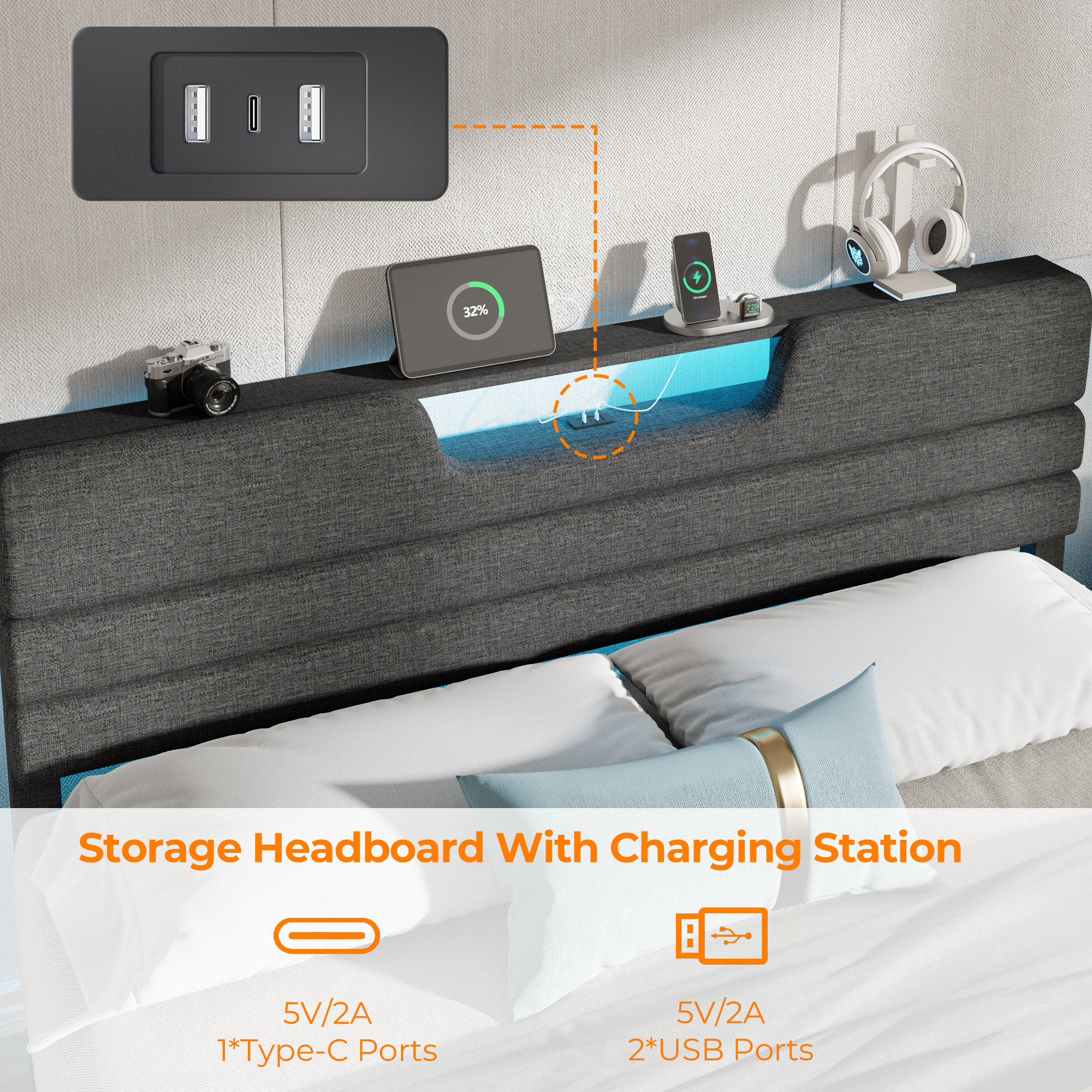 King Size Bed Frames with Upholstered Headboard Bed with Charging Station and Led Lights Bed Frame with Sturdy Wooden Slats/2-Tier Storage Grey
