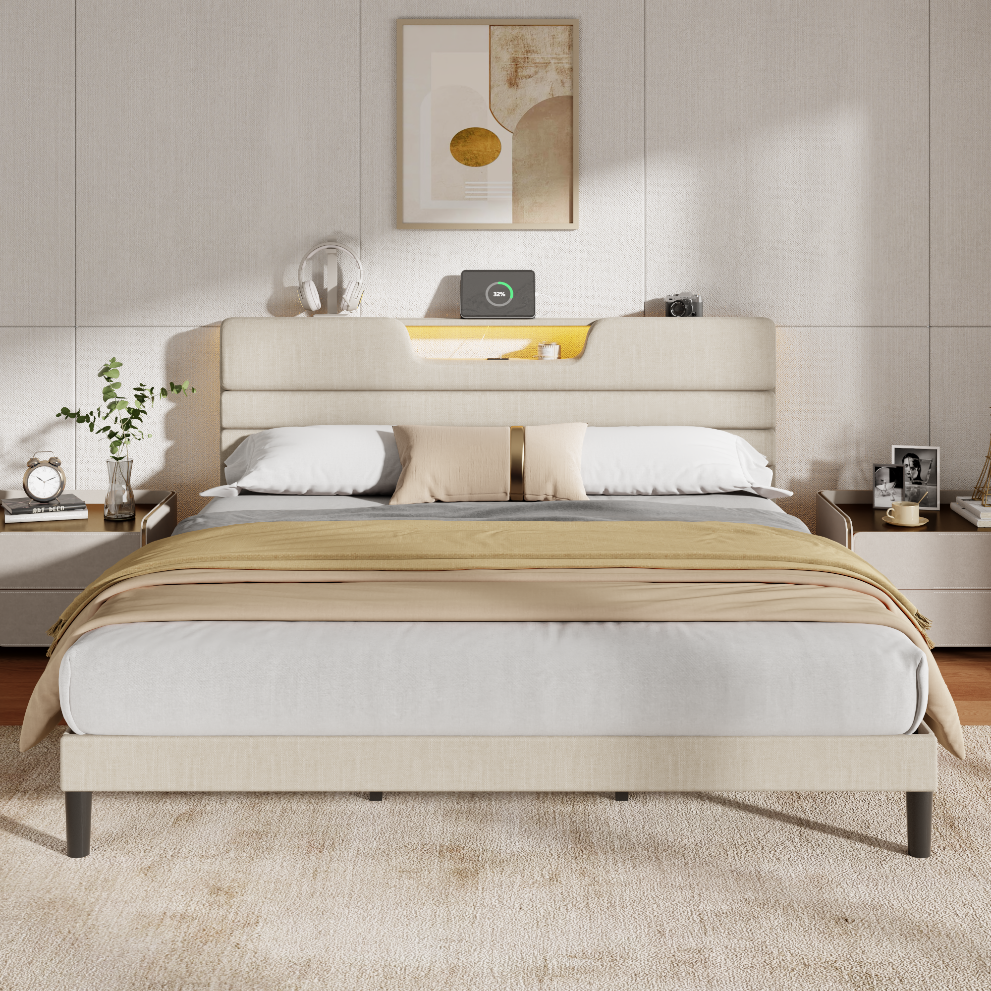King Size Bed Frames with Upholstered Headboard Modern Platform Bed with Charging Station and Led Lights Bed Frame with Sturdy Wooden Slats Beige